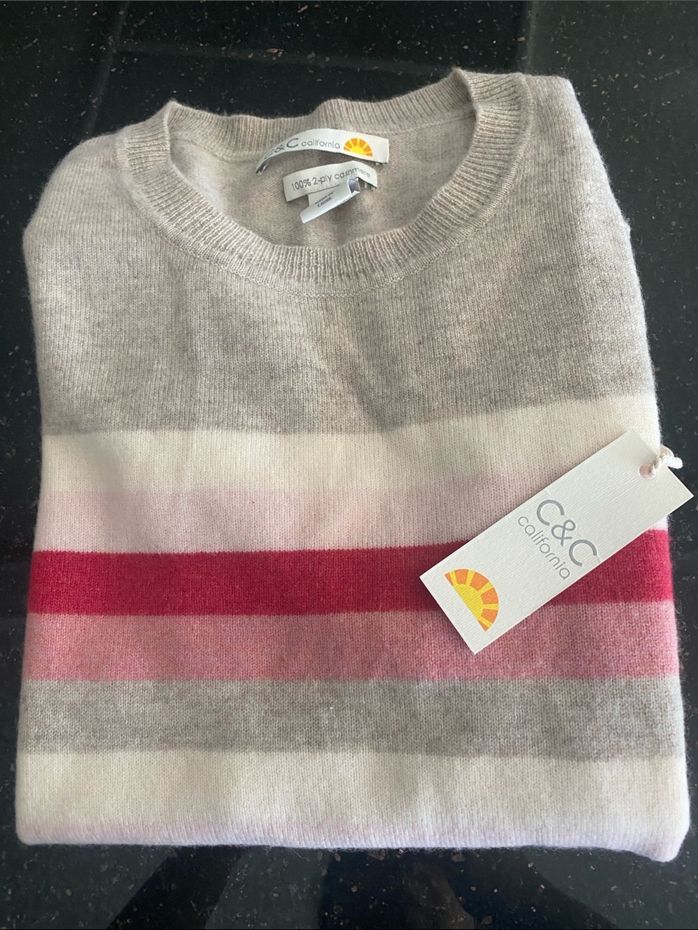 C&C California Beige Crewneck with Pink & Red Stripe NWT